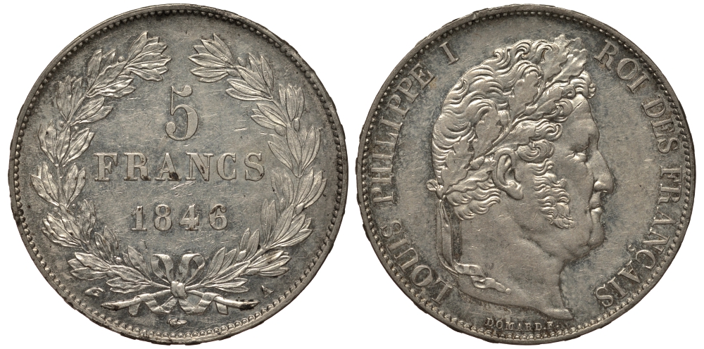 Франция 5 франков 1846 А, Луи Филипп I (1830-1848), Le Franc 325.10 KM 749.1 серебро UNC 00-819-59
