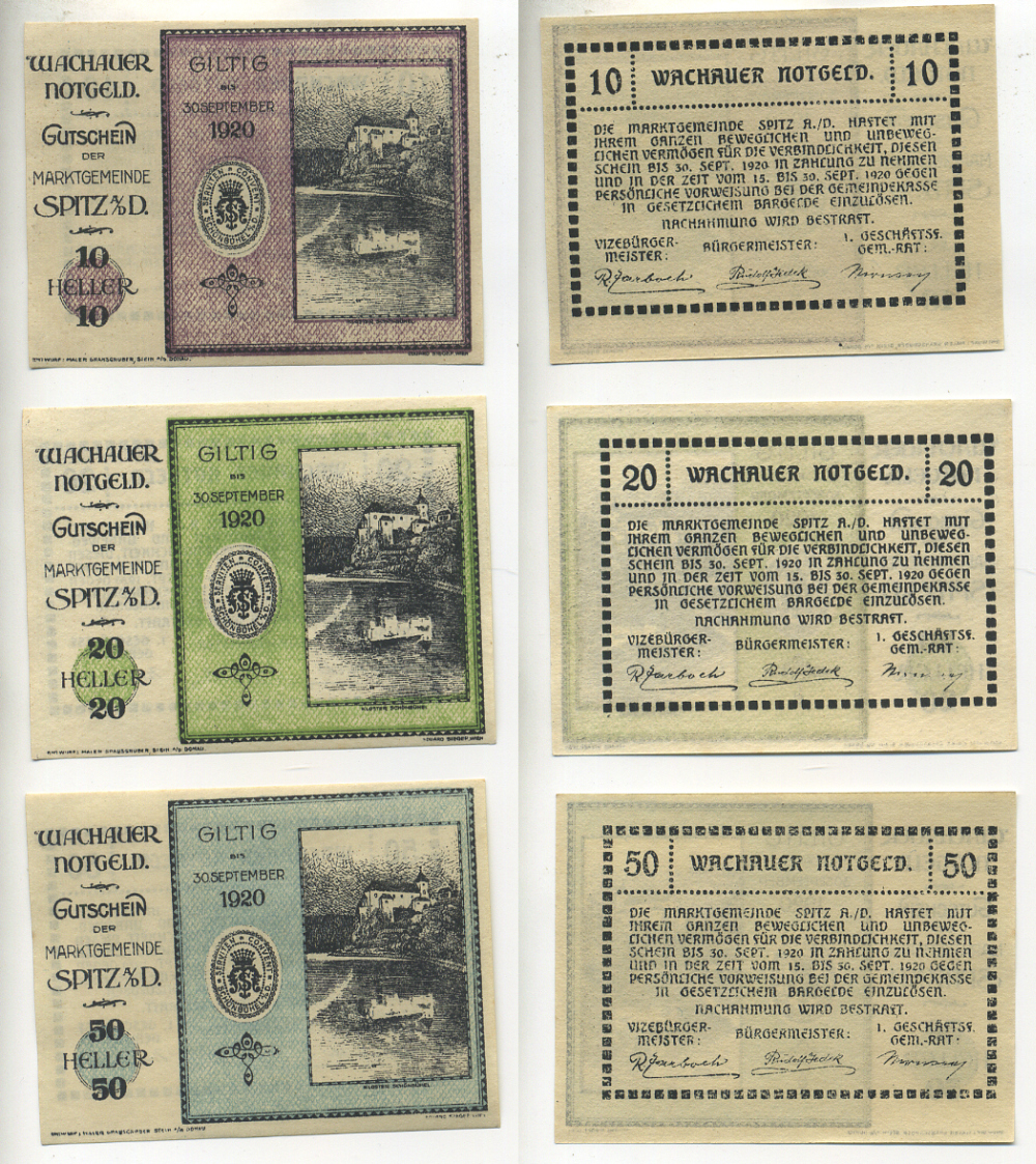 АВСТРИЯ, ВАЧАУ НАБОР ИЗ 3 БАНКНОТ 1920 30 СЕНТЯБРЯ 1920, НОТГЕЛЬД, 10, 20, 50 ГЕЛЛЕРОВ, GILTIG, ПЕРВЫЙ ВЫПУСК бумага aUNC 70-19-1