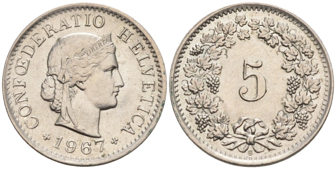 Швейцария 5 раппенов 1967 В KM 26 медно-никель 4564-964