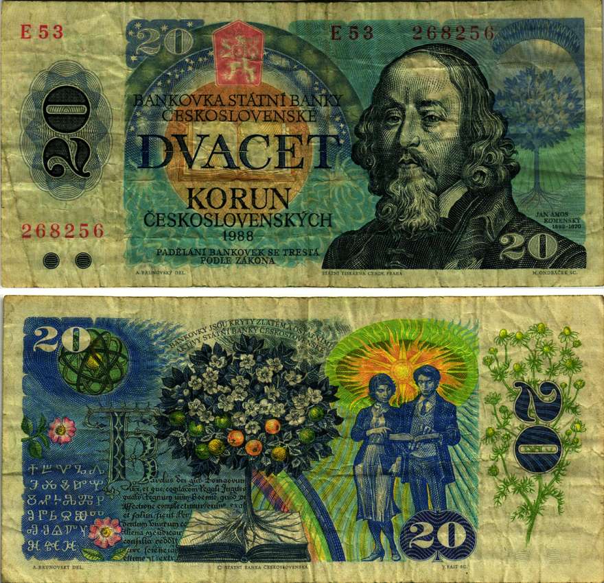 Чехословакия 20 крон 1988 серия E, Ян Коменский, древо жизни Pick 95 a бумага 7148-23-2-1