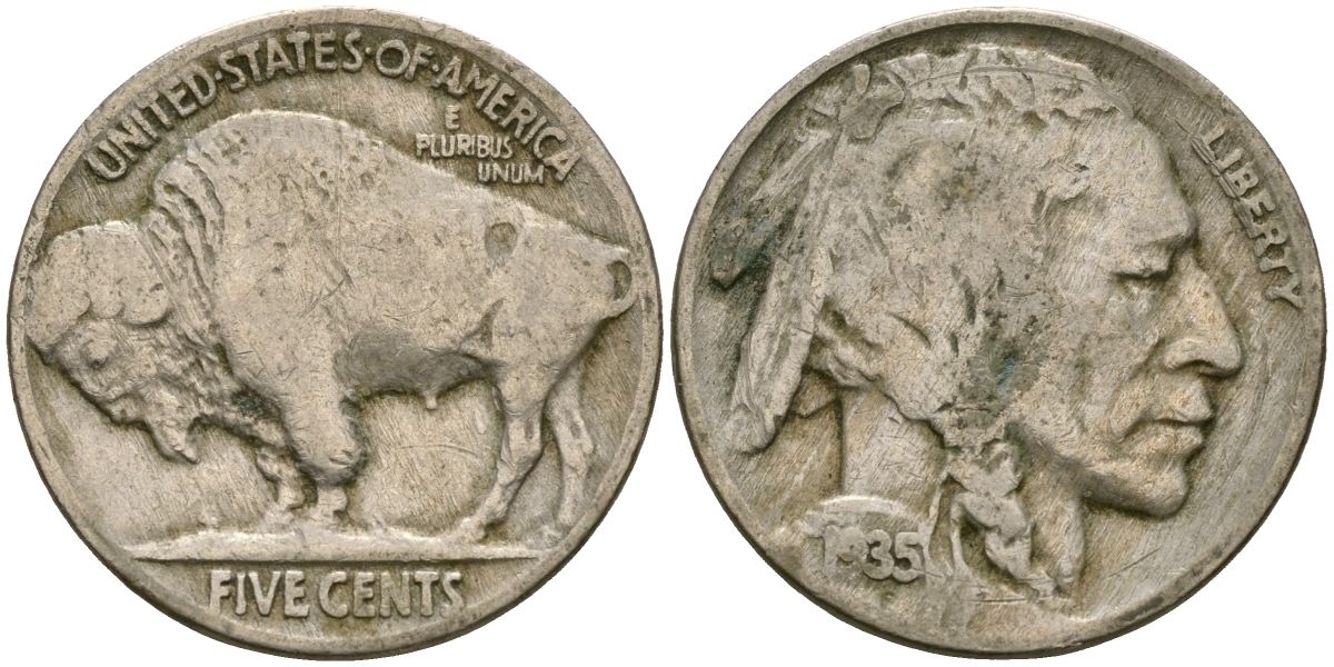 США 5 центов 1935 индеец, бизон KM 134 медно-никель 4525-1051