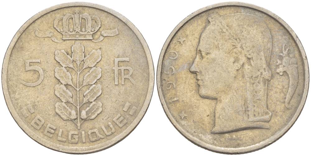 БЕЛЬГИЯ 5 ФРАНКОВ 1950 BELGIQUE, БОДУЭН I (1951-1993) KM 134.1 медно-никель 4546-315