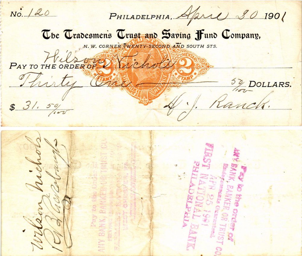 США чек на 31,50 долларов 1901 Филадельфия бумага 3295-85-2-2