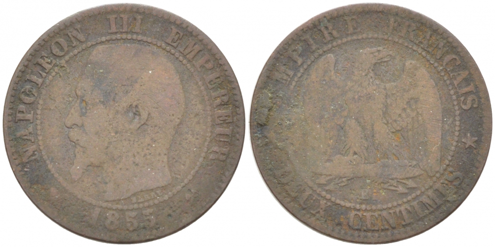 ФРАНЦИЯ 2 САНТИМА 1855 В, НАПОЛЕОН III (1852-1870) KM 776.2 бронза 3955-258