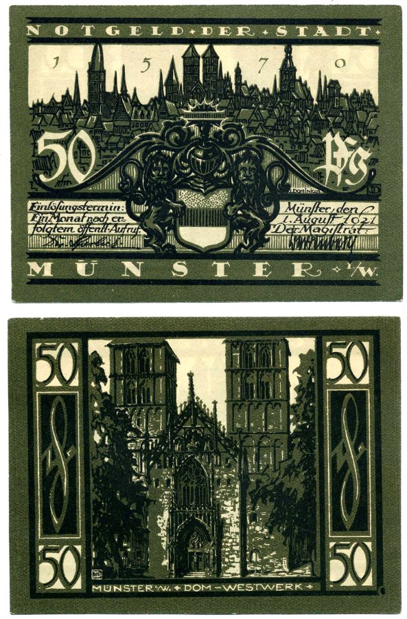 Германия, Мюнстер 50 пфеннигов 1921 1 августа 1921, нотгельд (номер 3, DOM-WESTWERK), земля Северный Рейн-вестфалия Grabowski 916.1 бумага 2195-44-1-2