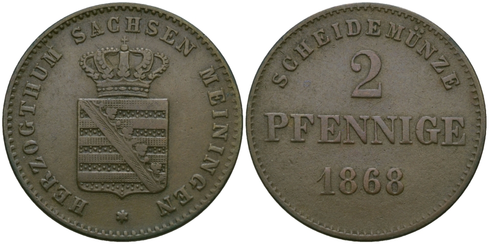 Саксен-Мейнинген 2 пфеннига 1868 Георг II (1866-1914) KM 174 медь 99-656