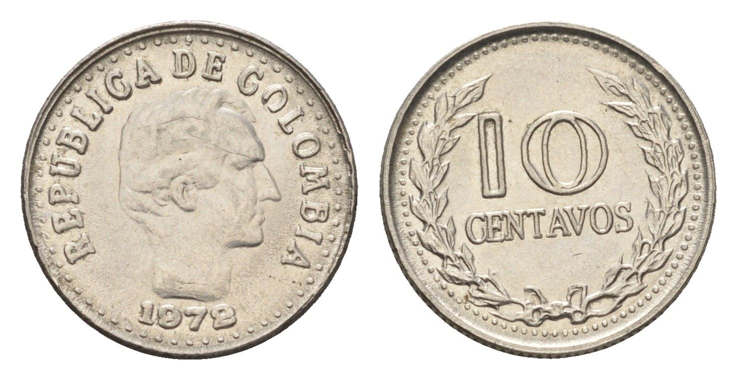 Колумбия 10 сентаво 1972 KM 253 сталь плакированная никелем aUNC 4664-136