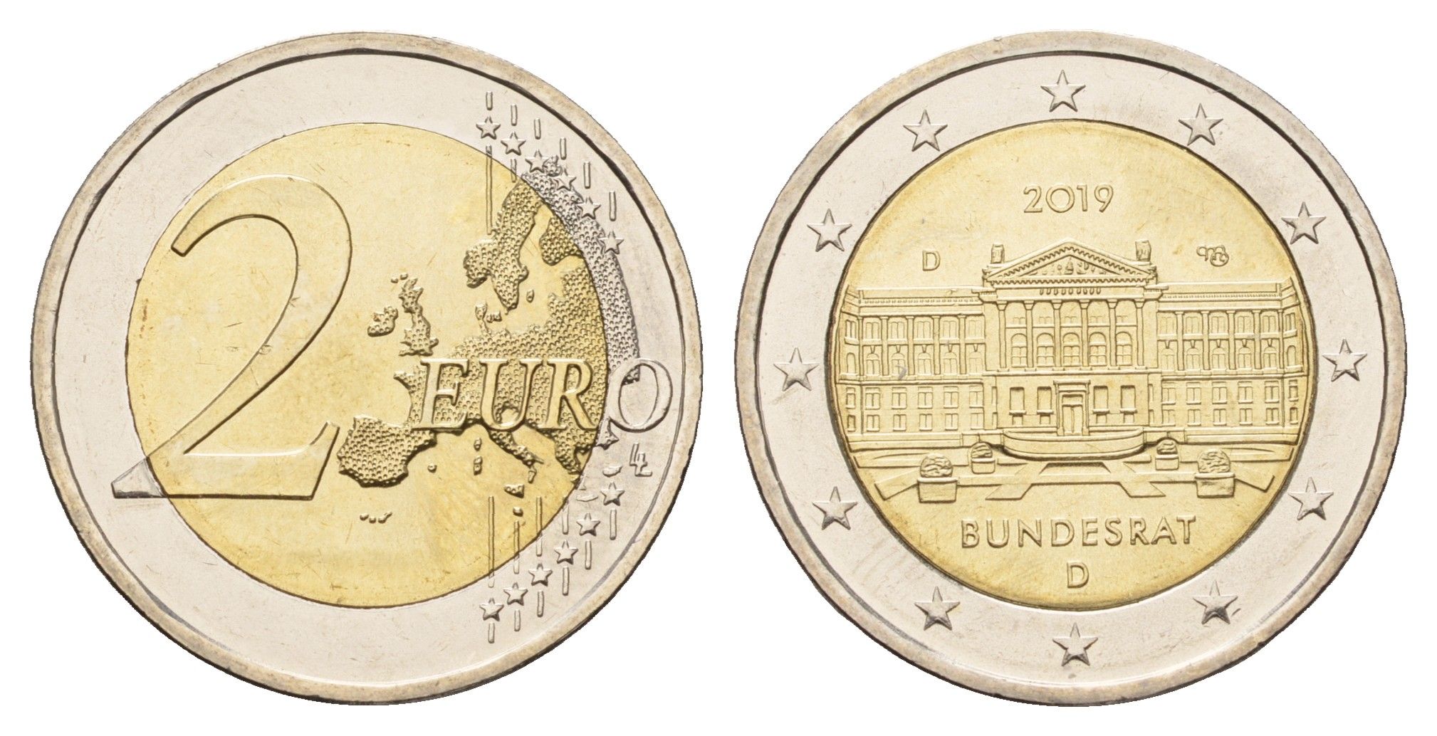 Германия 2 евро 2019 D, 70 лет Бундесрату KM 377 биметалл UNC 72-1732