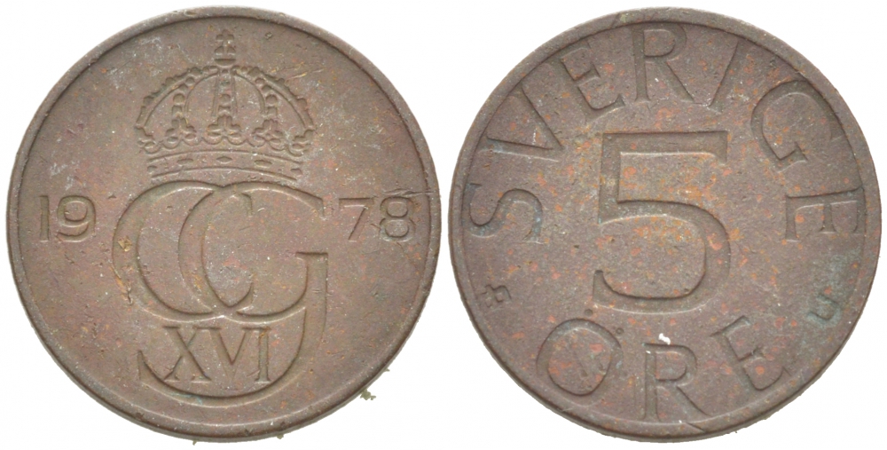 Швеция 5 эре 1979 U, Карл XVI Густав (1973- ) KM 849 бронза 3955-318