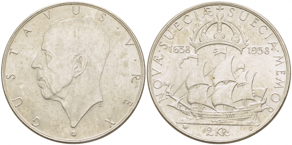 Швеция 2 кроны 1938 G, Густав V (1907-1950), 300 лет шведским поселениям в Делавере KM 807 серебро 1515-1025