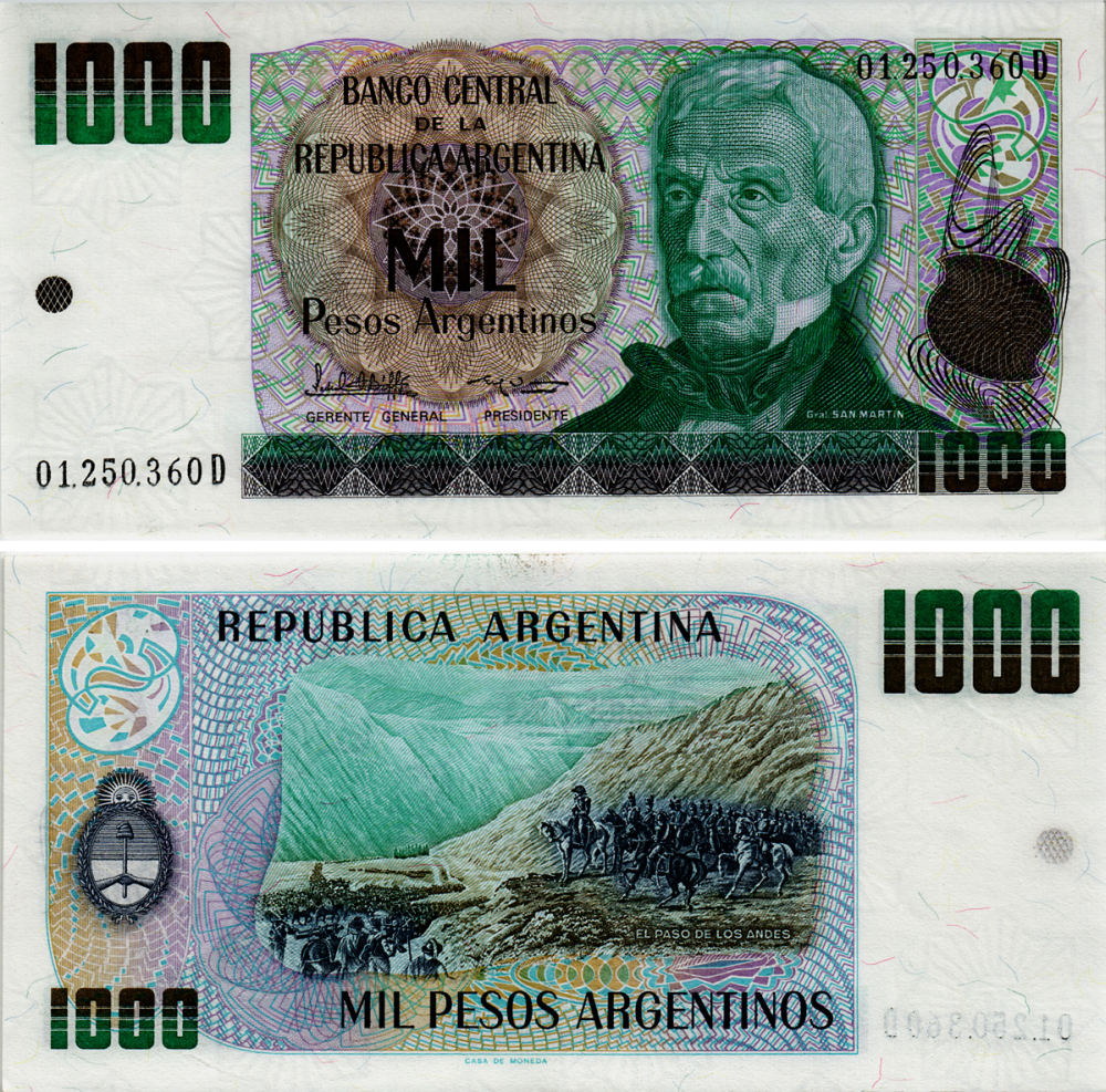 АРГЕНТИНА 1000 ПЕСО 1984 СЕРИЯ D 01250, ГЕНЕРАЛ САН МАРТИН Pick 317b бумага XF+ 6293-56-1-2