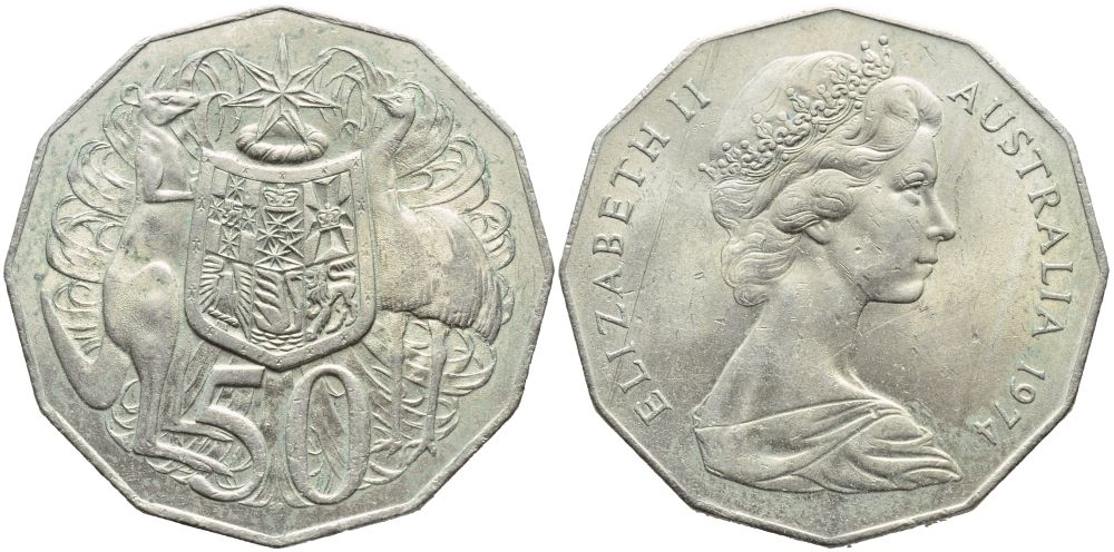 Австралия 50 центов 1974 Елизавета II (1952-2022), герб Австралии, кенгуру KM 68 медно-никель 4394-416