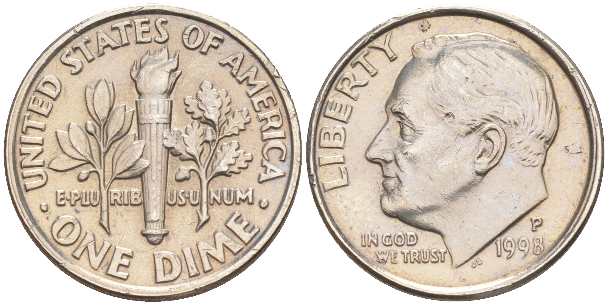 США 10 ЦЕНТОВ = 1 ДАЙМ 1998 P, РУЗВЕЛЬТ KM 195a медь плакированная медно-никелем 188-725