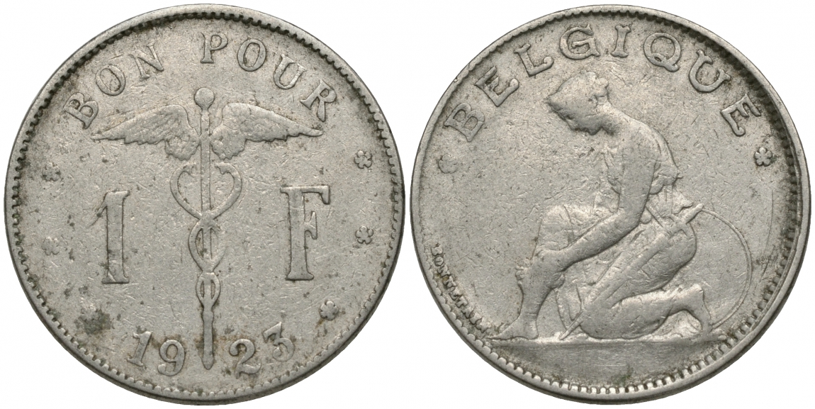 Бельгия 1 франк 1923 Belgique, Альберт I (1909-1934) KM 89 никель 51-1937