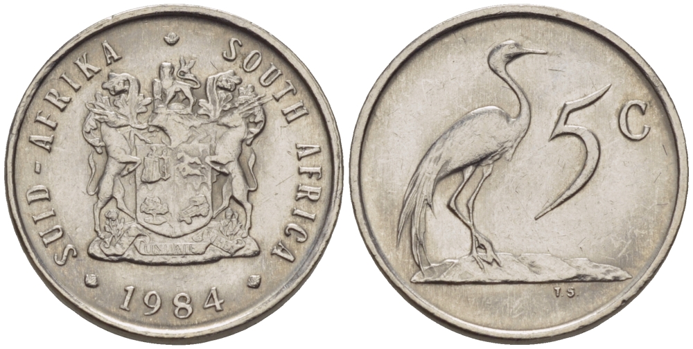 ЮАР 5 центов 1984 герб, райский журавль KM 84 никель UNC 66-336
