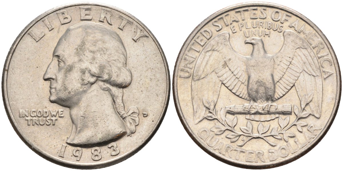 США 25 центов = квотер 1983 D, Вашингтон KM A164a медь плакированная медно-никелем 4584-1155