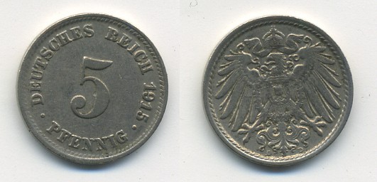 ГЕРМАНИЯ 5 ПФЕННИГОВ 1915 D KM 11, J. 12 медно-никель 54-734