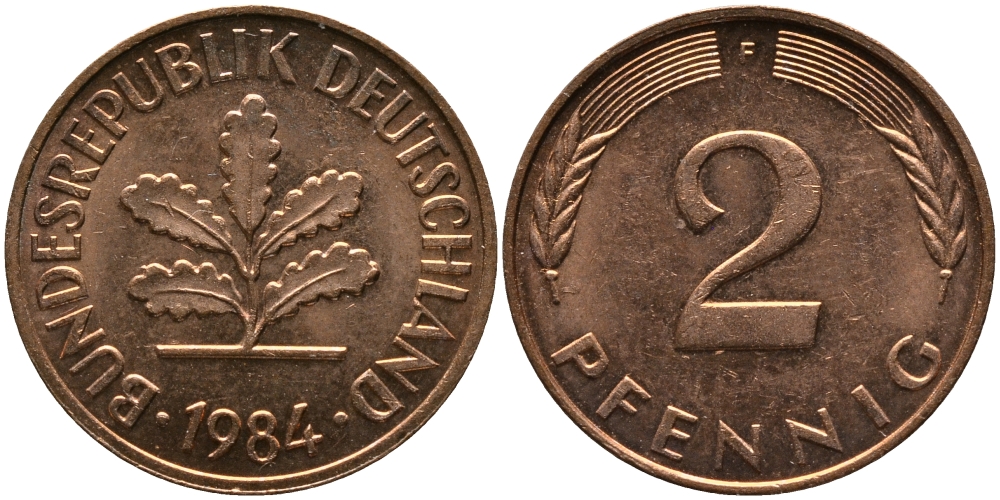 ФРГ 2 ПФЕННИГА 1984 F KM 106а, J.381а сталь плакированная сталь плакированная медьюю 33-244