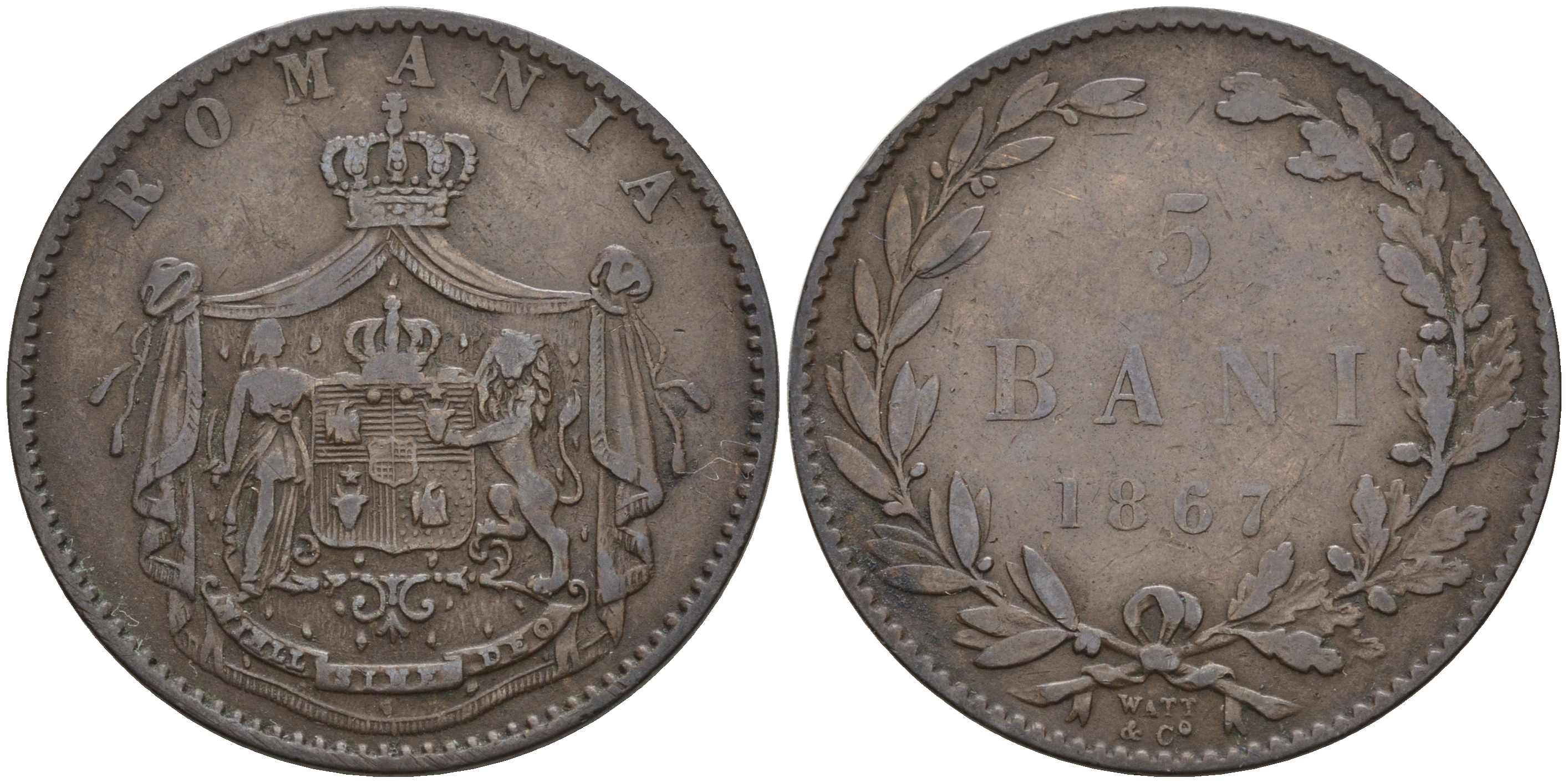 Румыния 5 бани 1867 монетный двор Watt&Co, Кароль I как принц (1866-1881) KM 3.2 медь 93-312