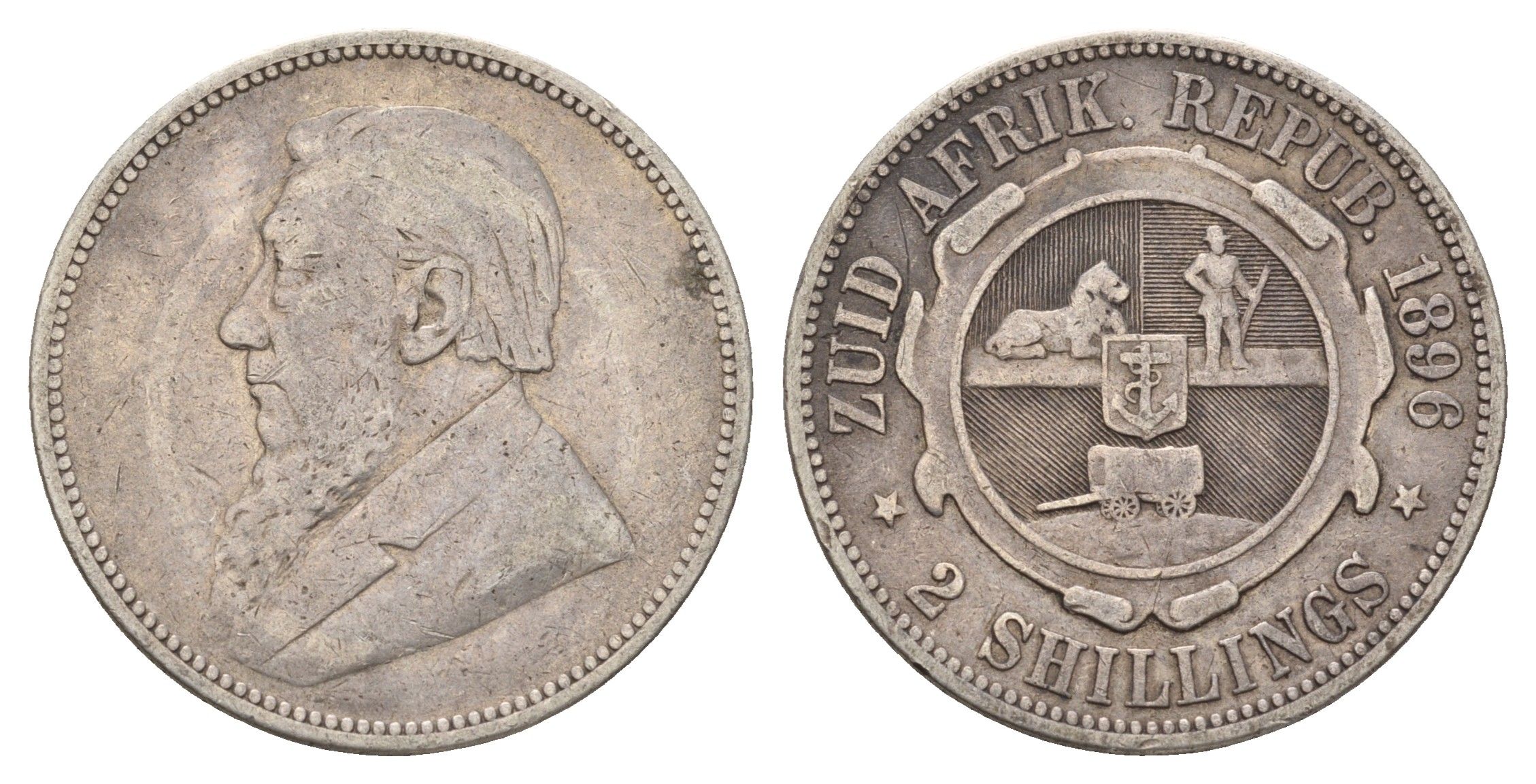ЮАР 2 шиллинга 1896 ZAR, Трансвааль, Крюгер KM 6 серебро 4044-1542