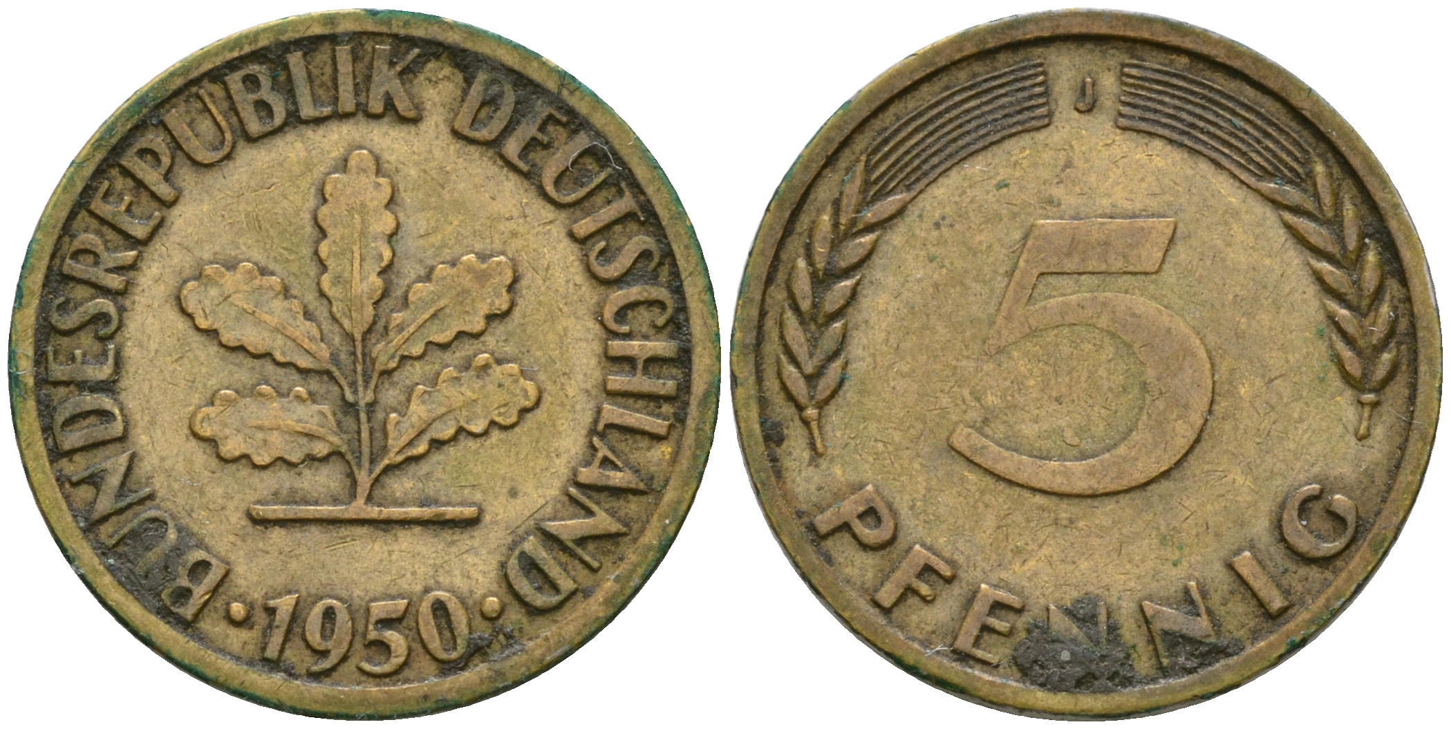 ФРГ 5 пфеннигов 1950 J KM 107, J.382 сталь плакированная латунью 4364-1613