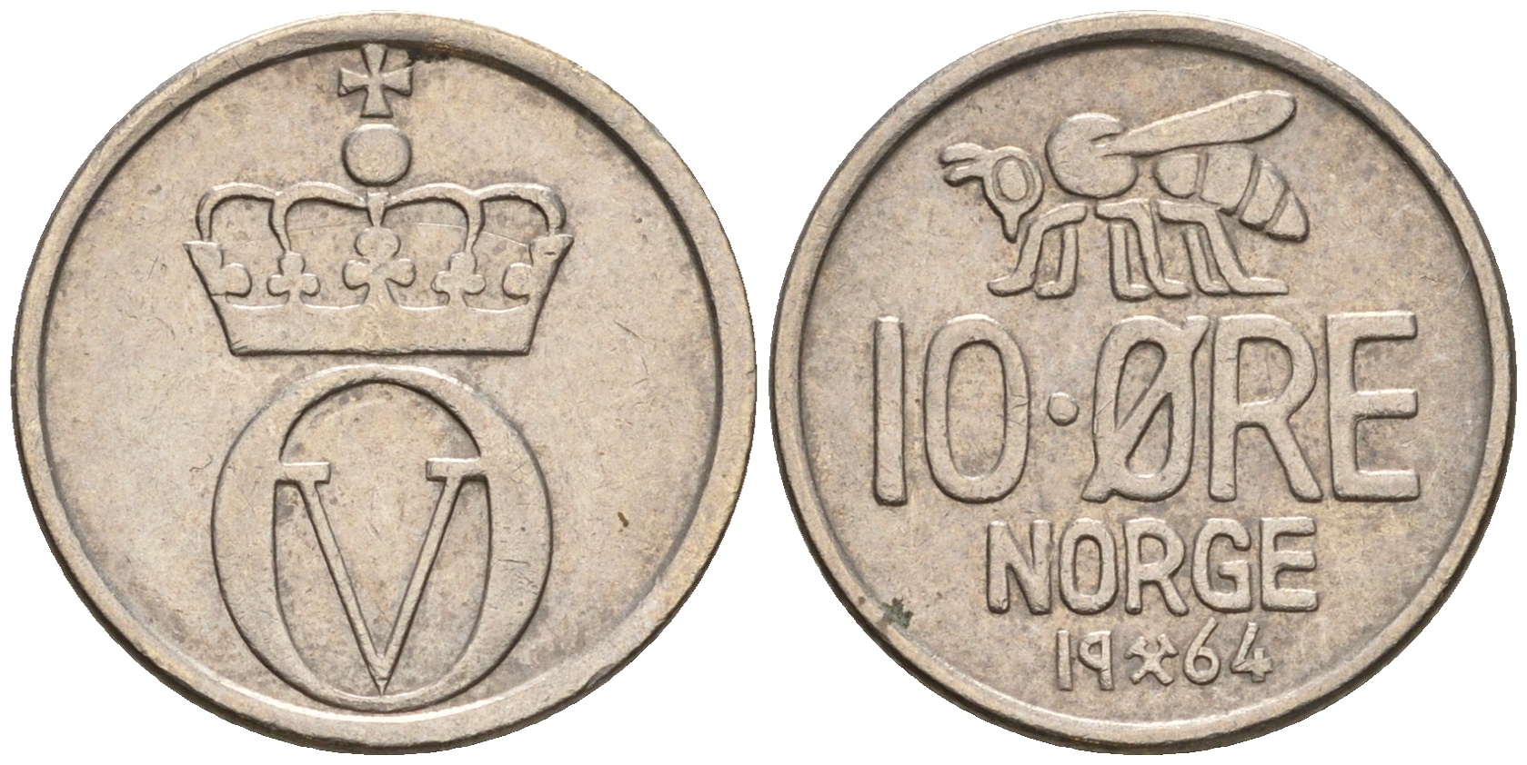 Норвегия 10 эре 1964 пчела, Улаф V (1958-1991) KM 411 медно-никель 4608-344