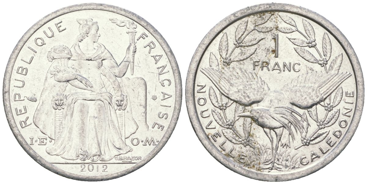 Французская Новая Каледония 1 франк 2012 птица кагу, (IEOM) KM 10, Schoen 10 алюминий 31-351
