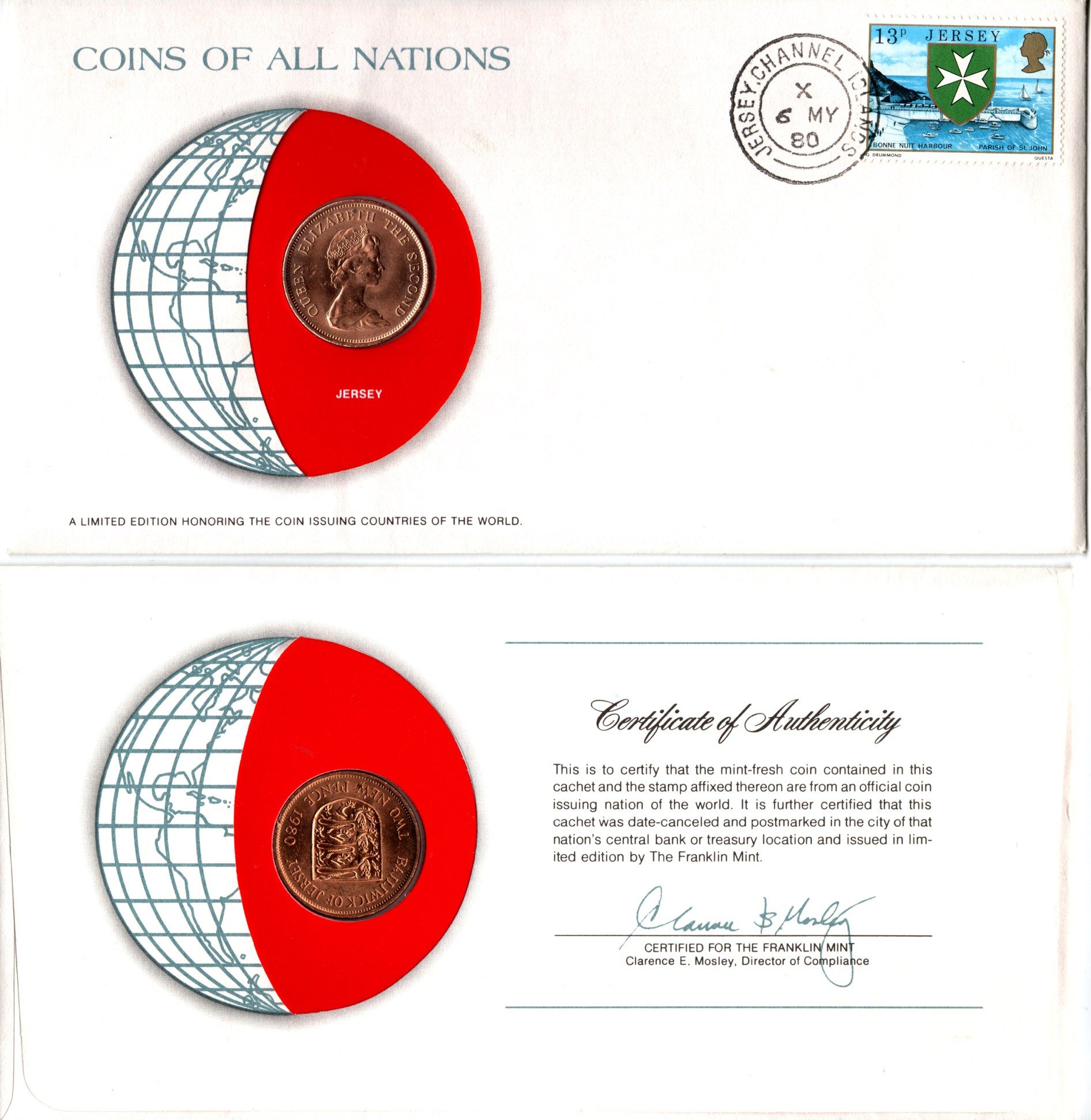 Джерси 2 новых пенса 1980 конверт с маркой первого дня гашения, Coins of Nations KM 31 бронза UNC 4294-2-2