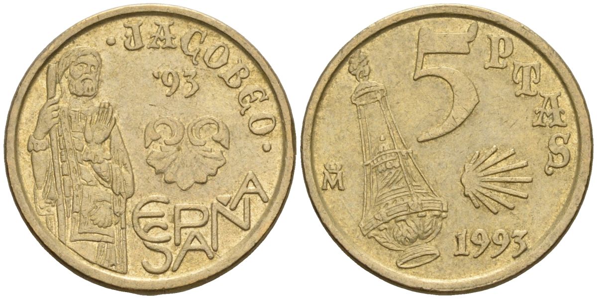 Испания 5 песет 1993 Хуан Карлос I (1975-2014), год Святого Иакова KM 919 алюминиевая бронза 4608-326