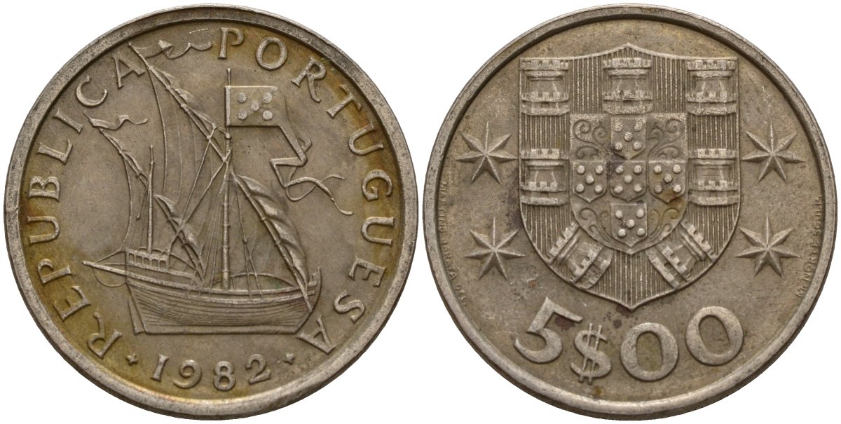 Португалия 5 эскудо 1982 KM 591 медно-никель 4156-552
