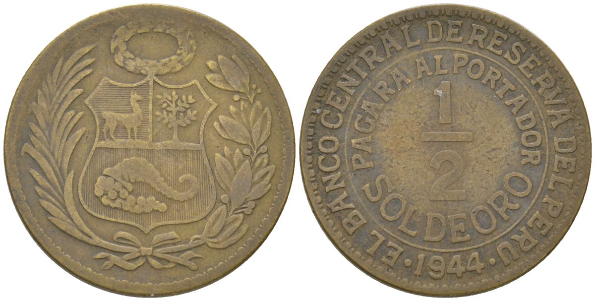 Перу 1/2 соль 1944 KM 220 латунь 4513-955