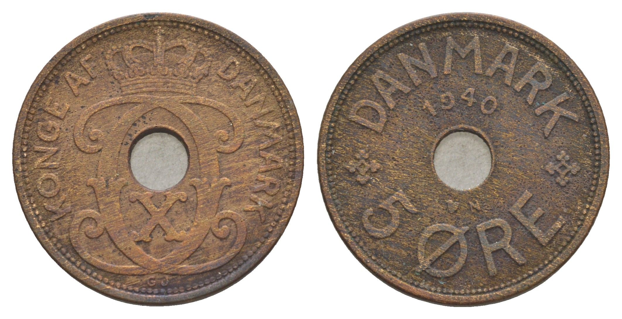 Дания 5 эре 1940 N, Кристиан X (1912-1947) KM 828 бронза 4638-632