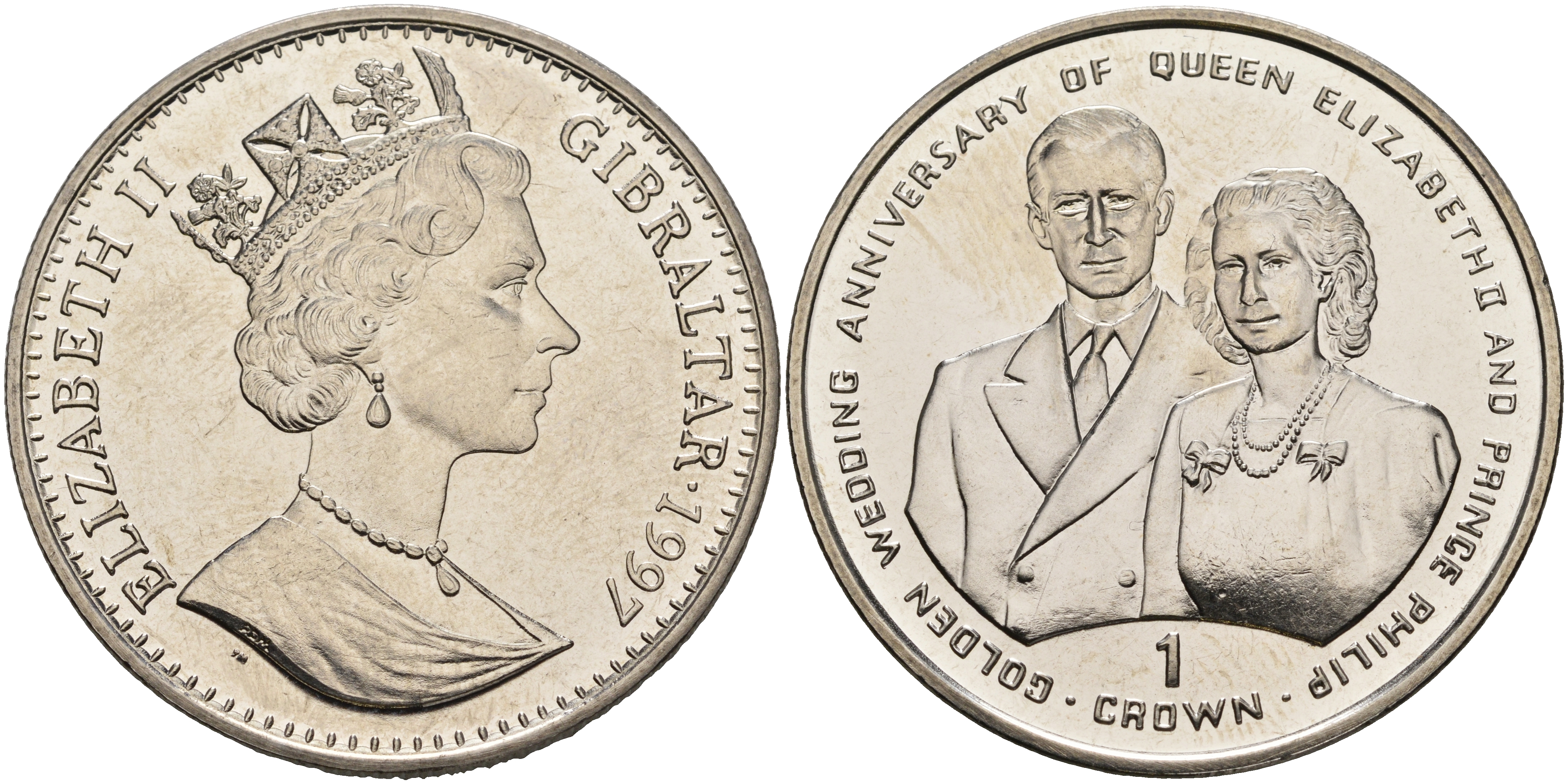 Гибралтар 1 крона 1997 золотая свадьба королевы Елизаветы и принца Филиппа KM 530 медно-никель UNC 3897-934