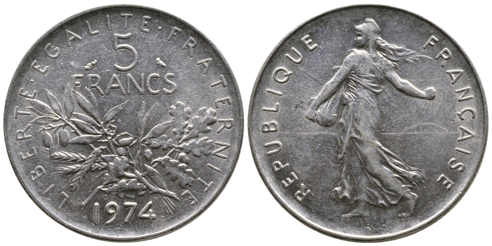 Франция 5 франков 1974 сеятель KM 926a.1, Le Franc 341.6 медно-никель плакированный никелем 4680-123
