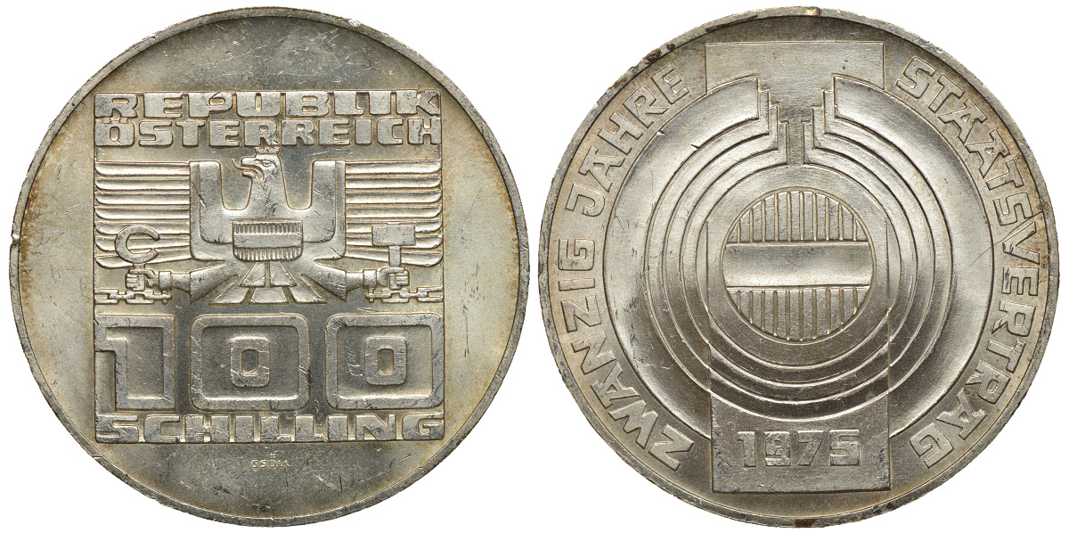 Австрия 100 шиллингов 1975 20 лет Декларации о независимости Австрии KM 2924 серебро 413-4421