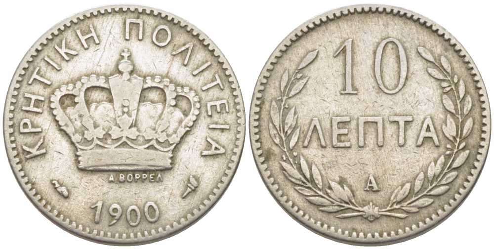 Остров Крит 10 ЛЕПТА 1900 А, ПРИНЦ ГЕОРГ (1898-1906) KM 4.1 медно-никель 119-256