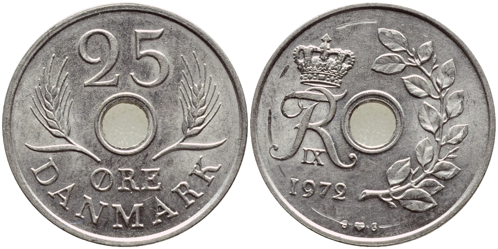 ДАНИЯ 25 ЭРЕ 1972 S; S, ФРЕДЕРИК IX (1947-1972) KM 855.2 медно-никель UNC 4398-1013