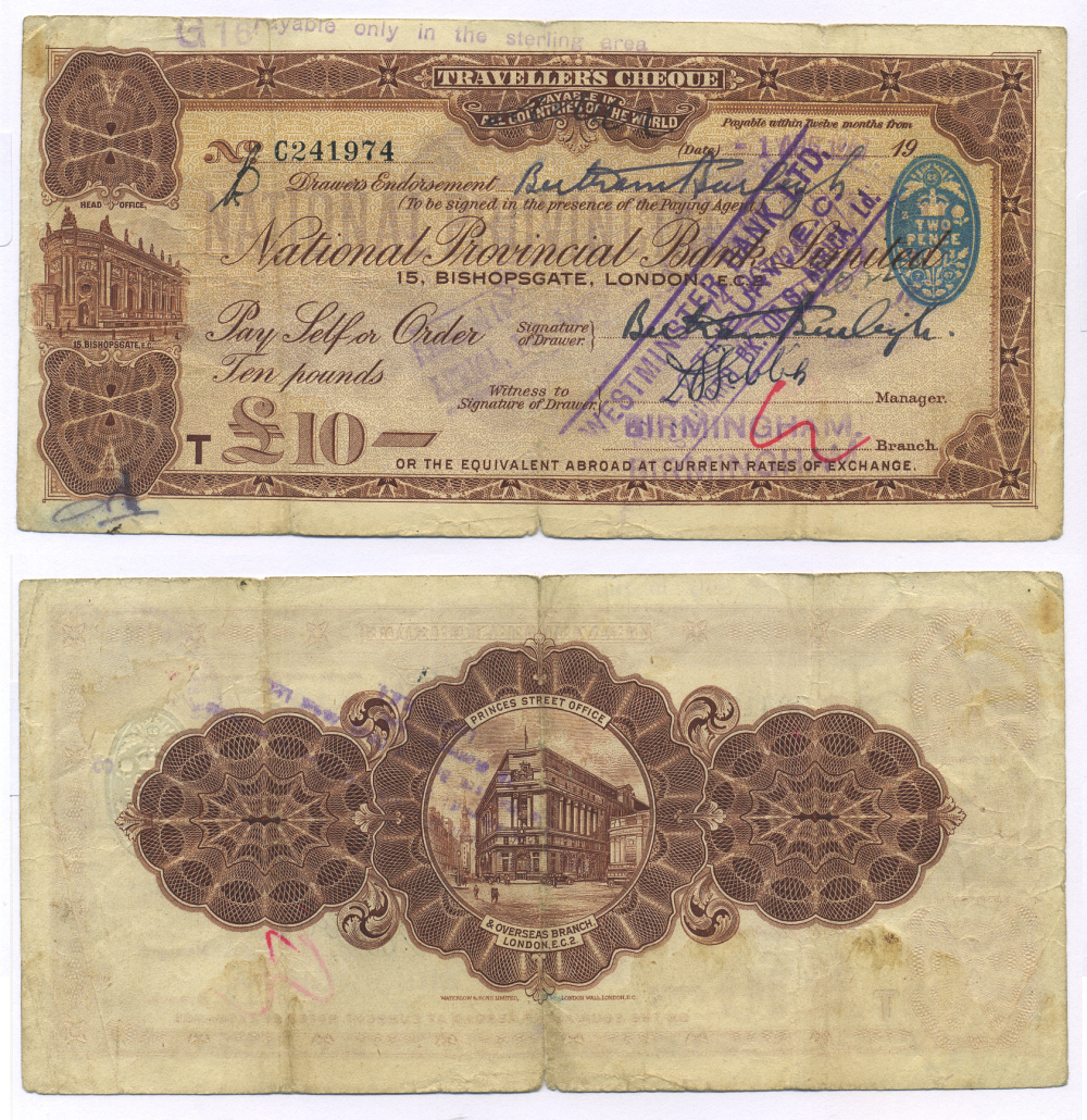 АНГЛИЯ ДОРОЖНЫЙ ЧЕК НА 10 ФУНТОВ 1947 ВЫПИСАН 1 АВГУСТА 1947 NATIONAL PROVINCIAL BANK LIMITED бумага 6278-19-2