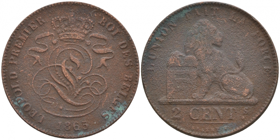 БЕЛЬГИЯ 2 САНТИМА 1865 BELGES KM 4.2 медь 68-727
