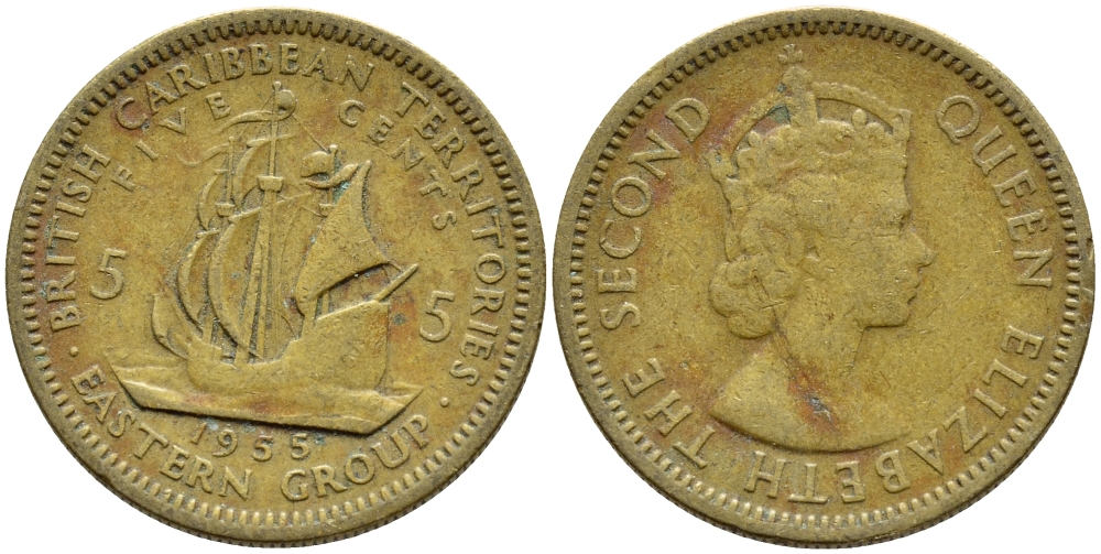 Британские Восточно-Карибские территории 5 центов 1955 Елизавета II (1952-2022), парусник KM 4 никель латунь 89-717