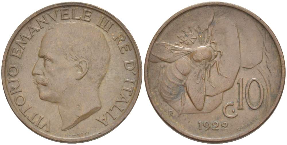 ИТАЛИЯ 10 ЧЕНТЕЗИМО 1922 R, МОНДВОР РИМ, ВИКТОР ЭММАНУИЛ III (1900-1946) KM 60 медь 4525-243