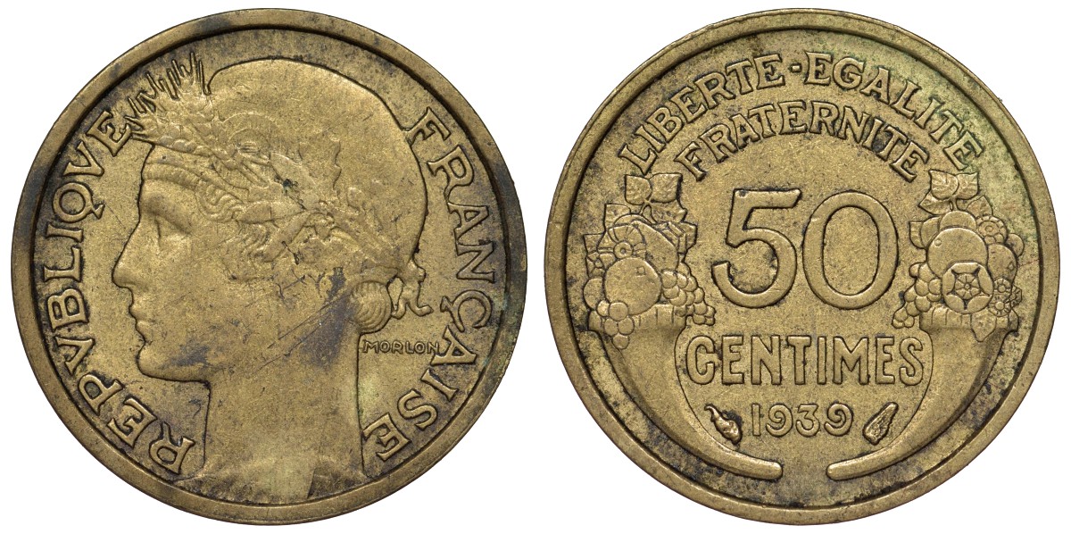 Франция 50 сантимов 1939 тип Morlon KM 894.1, Le Franc 192.15 алюминиевая бронза 4124-349