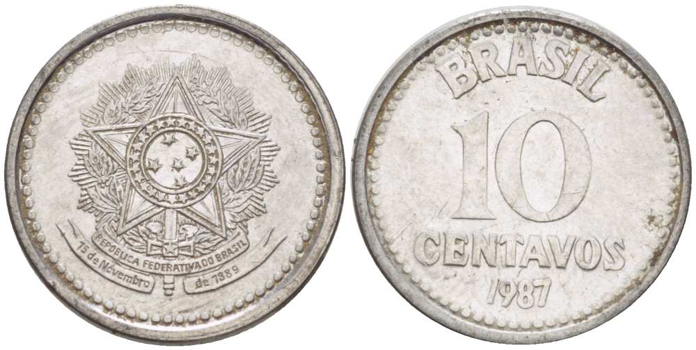 БРАЗИЛИЯ 10 СЕНТАВО 1987 РЕФОРМА 1986-1989 KM 602 нержавеющая сталь 100-1224