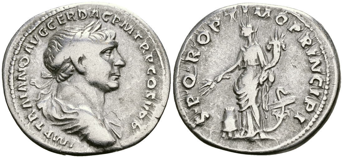 Римская Империя денарий 103 - 104 Траян SPQR OPTIMO PRINCIPI Абунданция, персонификация Изобилия Рим Very fine RIC 165 серебро 1073-4-3-1