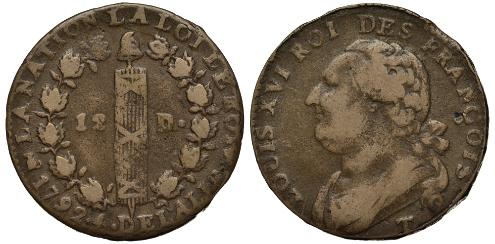 ФРАНЦИЯ 12 ДЕНЬЕ 1792 Т, МОНДВОР НАНТ, ЛЮДОВИК XVI (1774-1793) KM 600.15 (С 88.14) бронза 633-1842