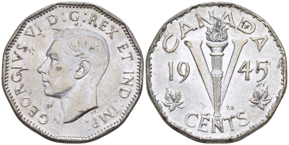 Канада 5 центов 1945 Георг VI (1937-1952) KM 40а сталь плакированная хромом 4385-1034