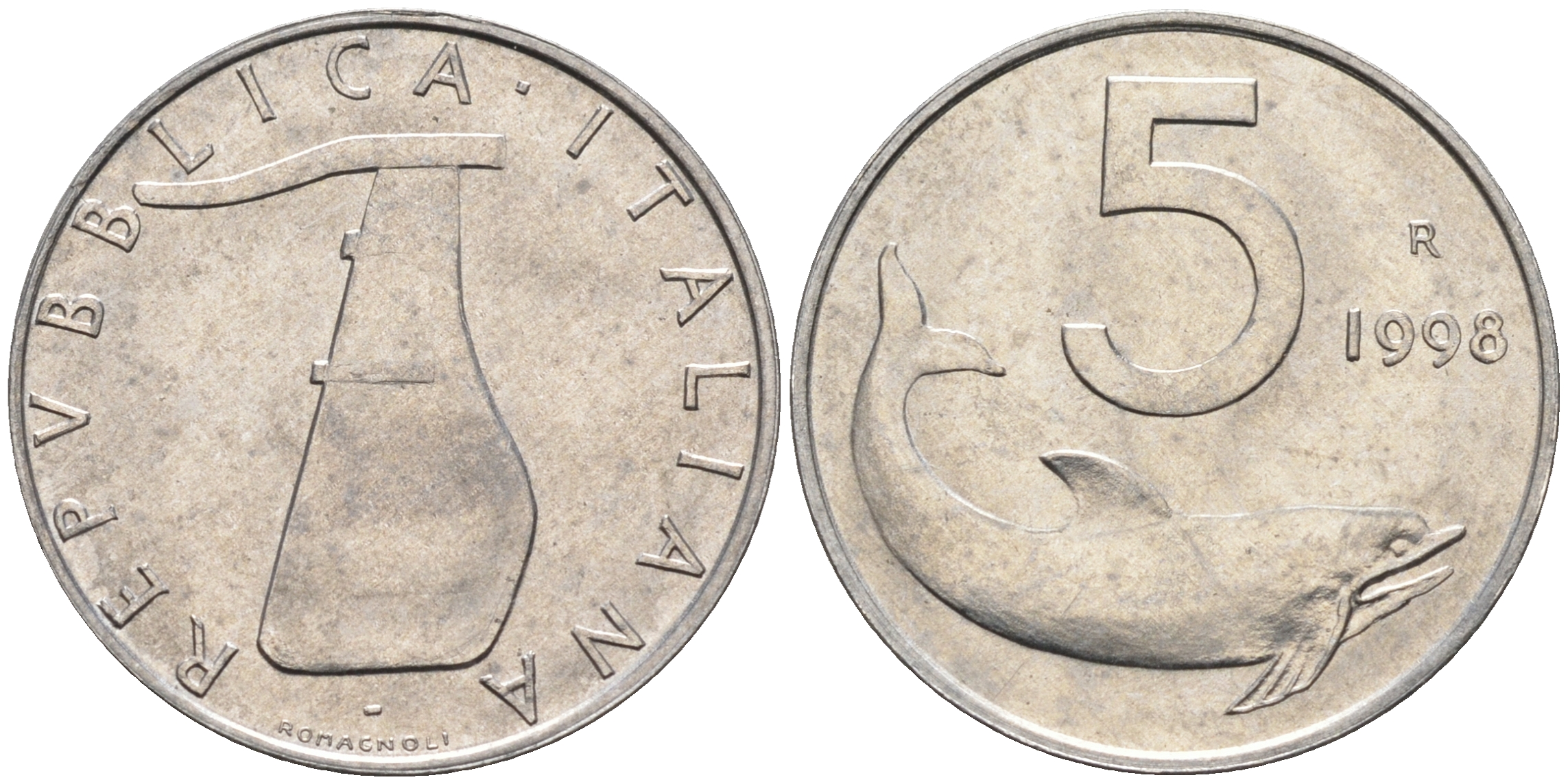 Италия 5 лир 1998 R, дельфин KM 92 алюминий  UNC  4594-668