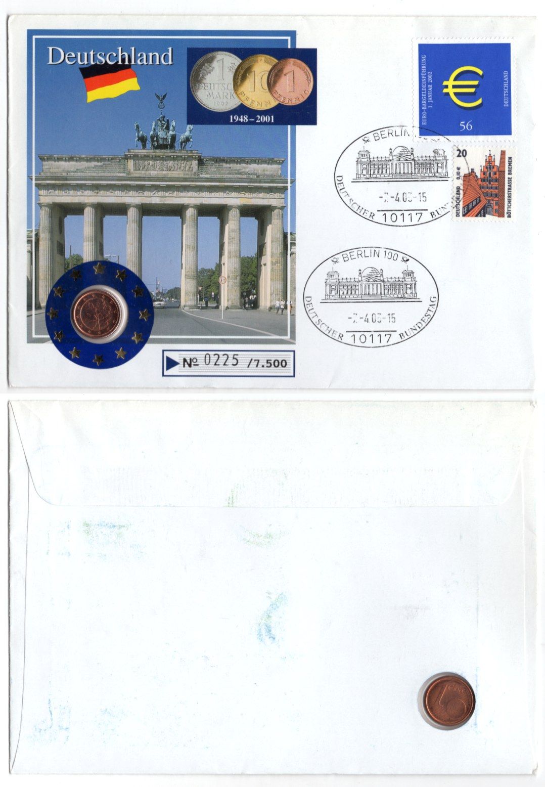 Германия 1 евроцент 2002 в конверте с маркой (КПД - Конверт первого дня Гашения) KM 207 сталь плакированная медью 9003-01