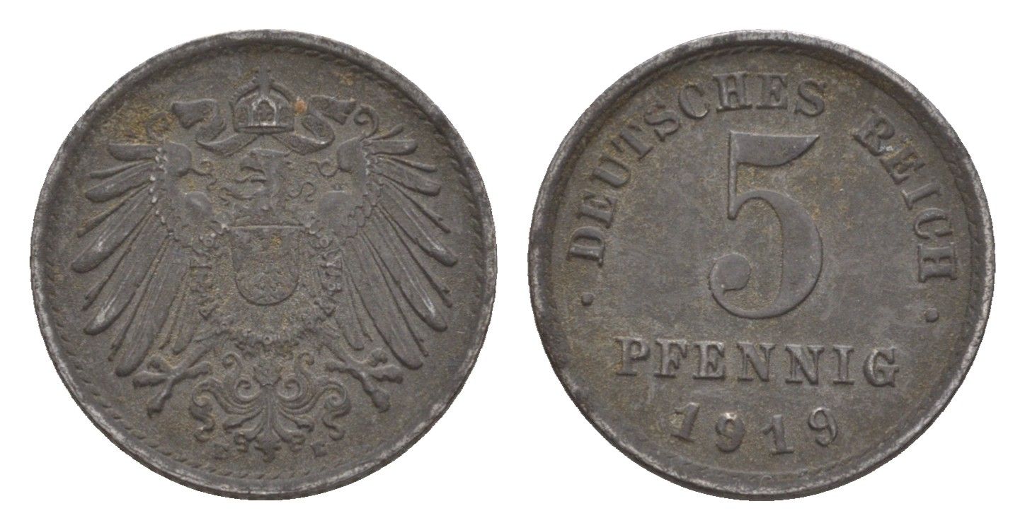 Германия 5 пфеннигов 1919 E KM 19, J. 297 железо плакированная цинком 4659-126