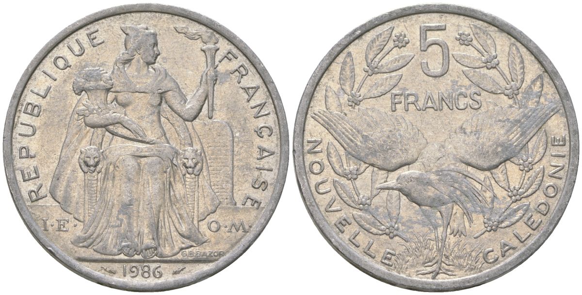 Французская Новая Каледония 5 франков 1986 птица кагу, (IEOM) KM 16, Schoen 12, Lec 76 алюминий 180-815